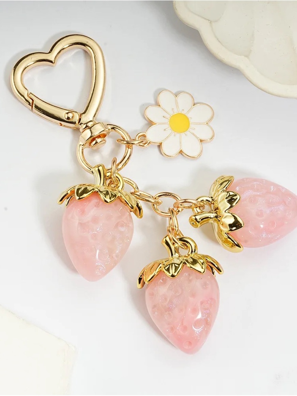 Pink Strawberry Charm Keychain with Daisy Accent